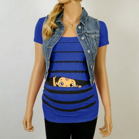

EOPUING Maternity Cute Funny Baby Print Striped Short Sleeve T-shirt Pregnant Tops