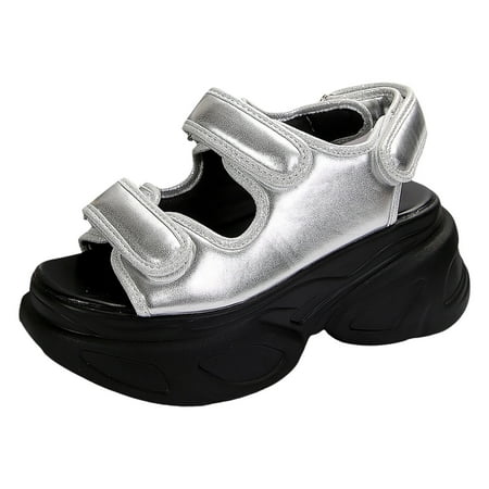 

Ladies Casual Shiny Leather Outwear Open Toe Breathable Beach Thick Bottom Large Size Sandals