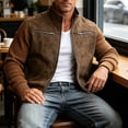 thumbnail image 6 of Sevevn Men's Contrast Knit Sleeve Suede Bomber Jacket Stand Collar Zip Up Rib Cuff Lightweight Casual Outerwear Brown M, 6 of 9