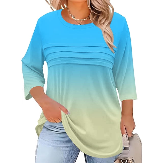 Neewe Womens Plus Size Tops 3/4 Sleeve Shirts Crewneck Pleated Blouses Dressy Casual Fashion Tunic Top (1X-5X)