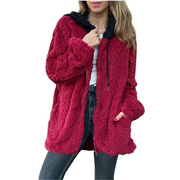 Wensltd Fleece Jacket for Women Hooded Loose Fit Casual Long Sleeve Winter Coat With Pockets Warm Outerwear