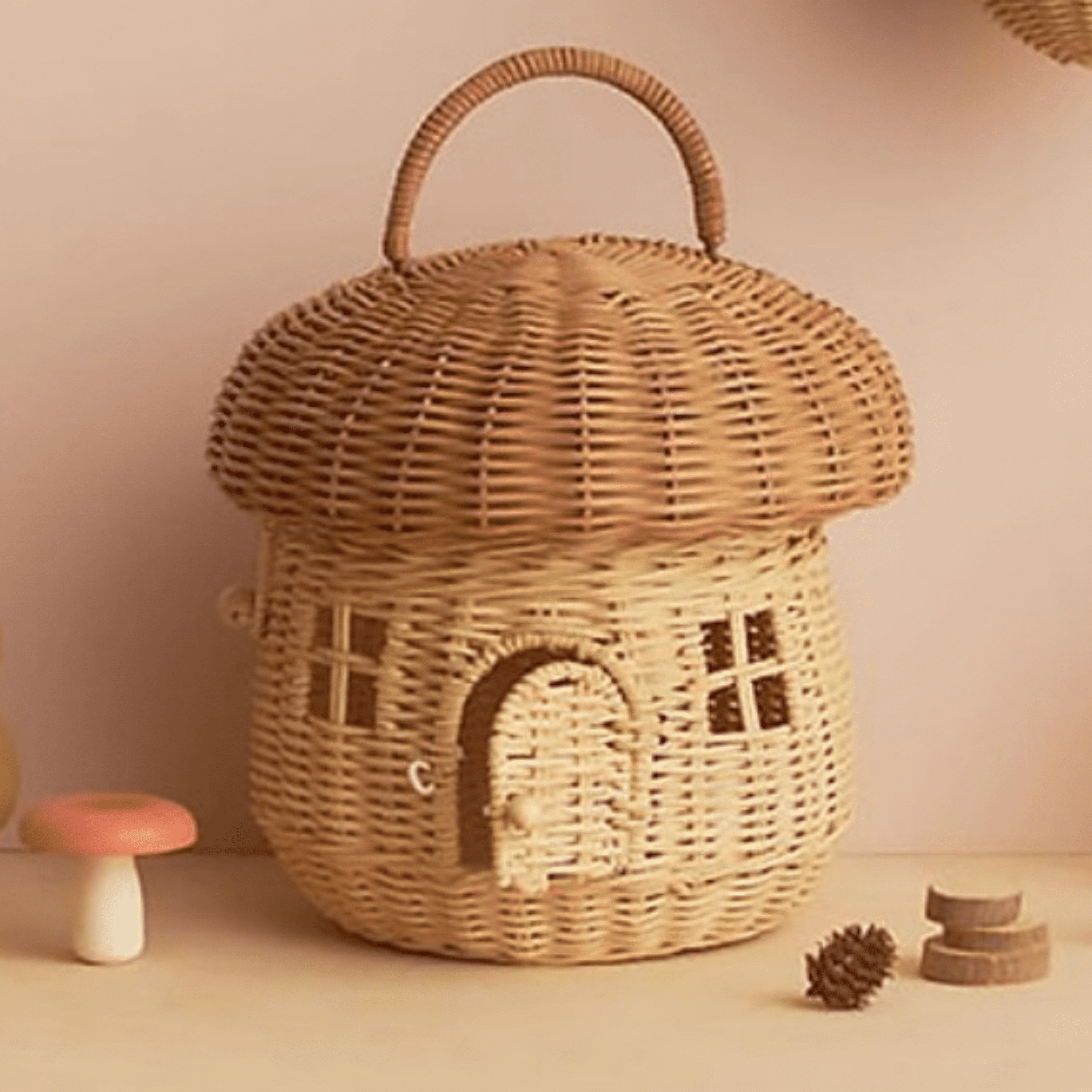 TENEBRALUX Handmade Wicker Mushroom-Shaped Storage Basket for Outdoor, Kids, Decor, Photography Props