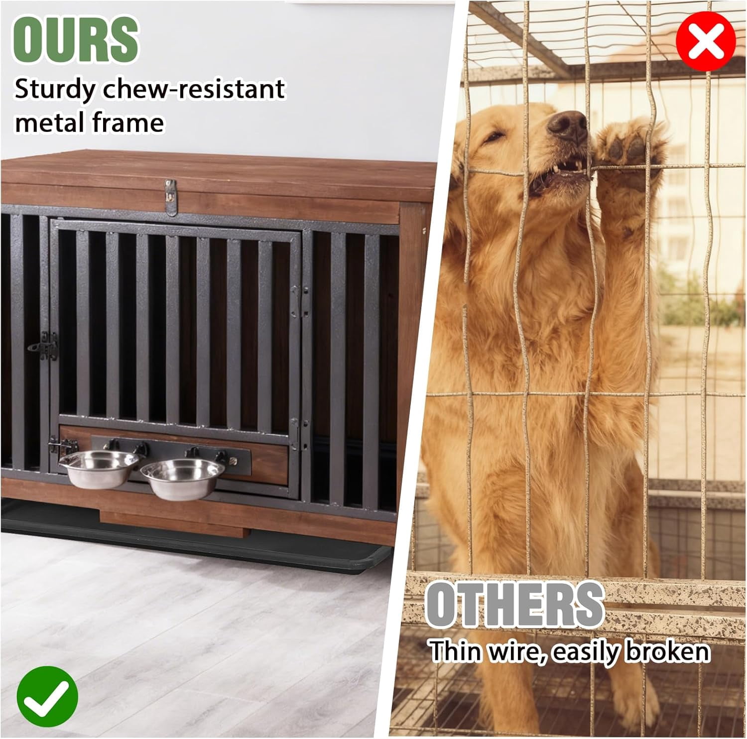 MEDEHOO 33.3’’ Dog Crate Furniture, Folding Dog Crates with 360° Rotating Bowls, Wooden Puppy Cage Kennel with Metal Frame for Small & Medium Dogs Indoor, Removable Tray and Floor (Brown)