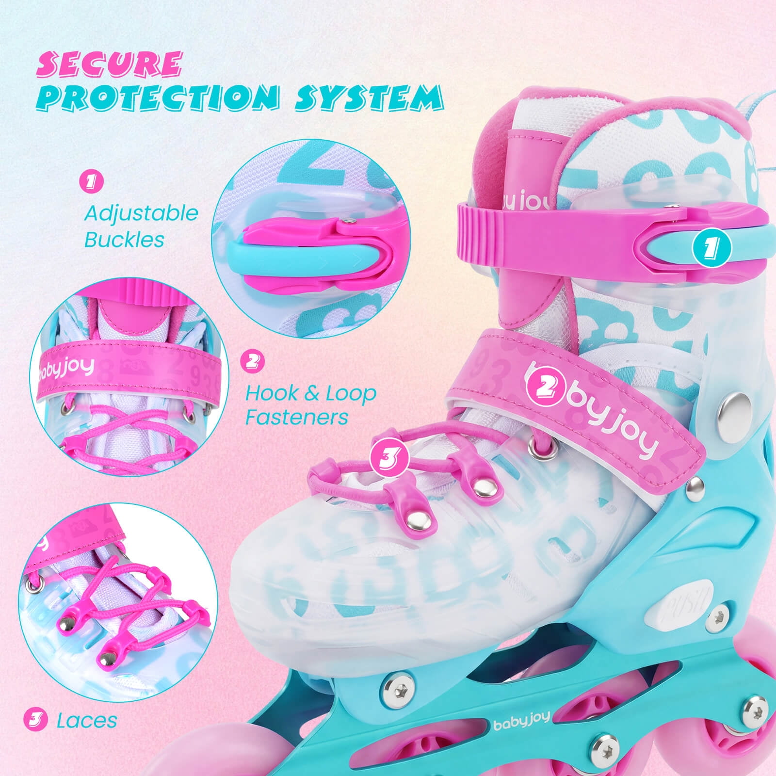 Babyjoy Kids Inline Skates for Boys Girls, 4-Size Adjustable Illuminating Roller Skates Pink & Blue