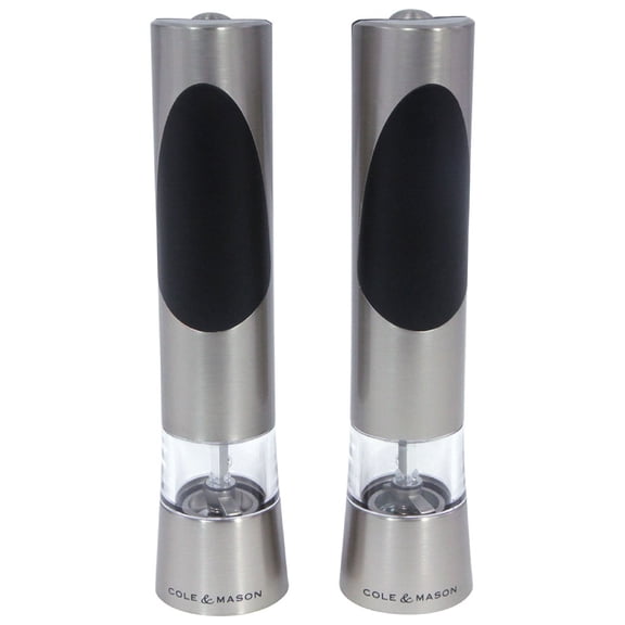 Cole & Mason Adjustable Ceramic Battery-Powered Salt and Pepper Grinder Set, Silver/Black