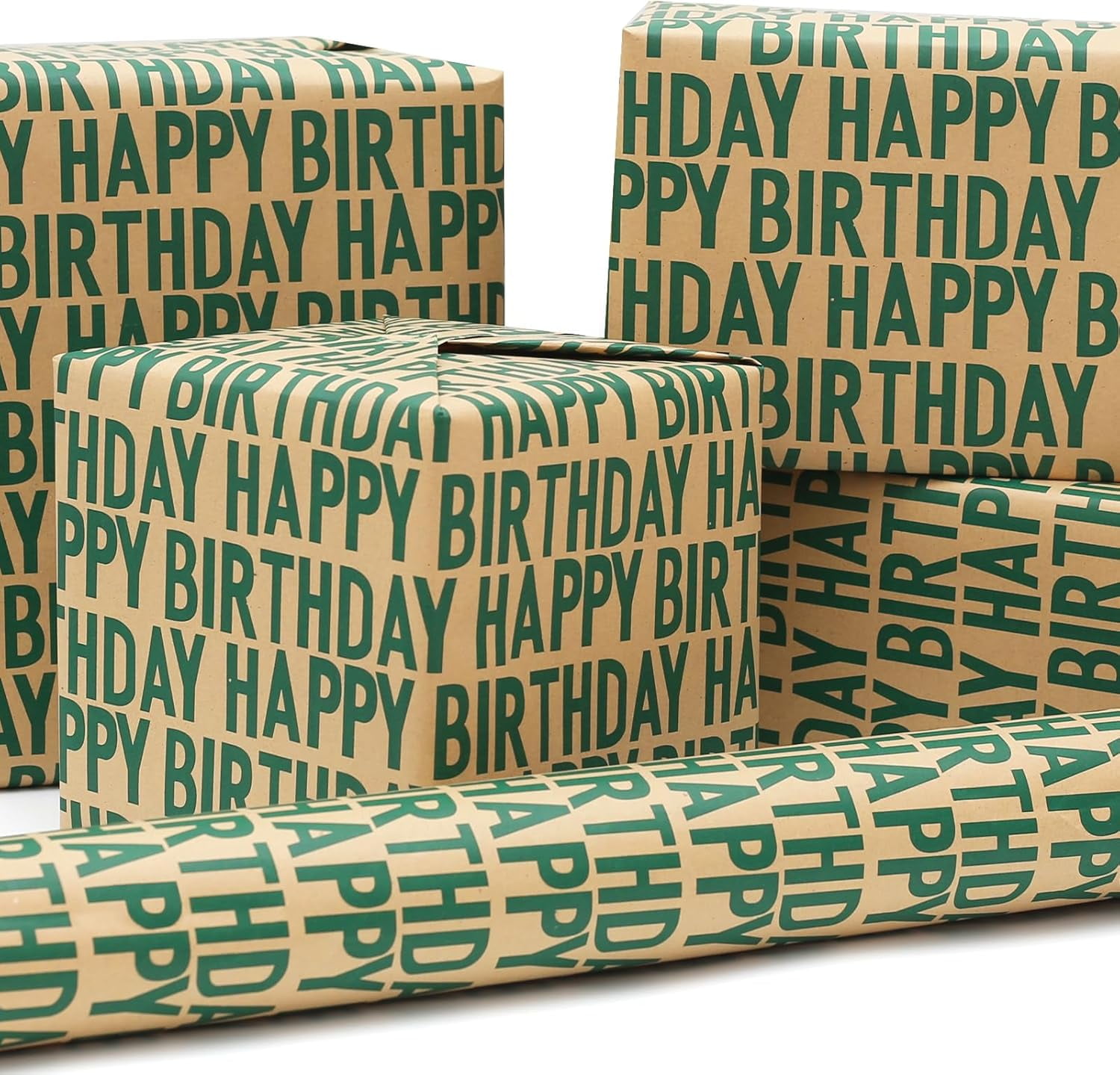Green Birthday Wrapping Paper, Minimal Emerald Greens Large Happy Birthday Repeating Script Wrapping Paper - 1 Mini Roll 17Inch x10 ft Per Roll - Green Kraft Gift Wrap for Birthdays Party