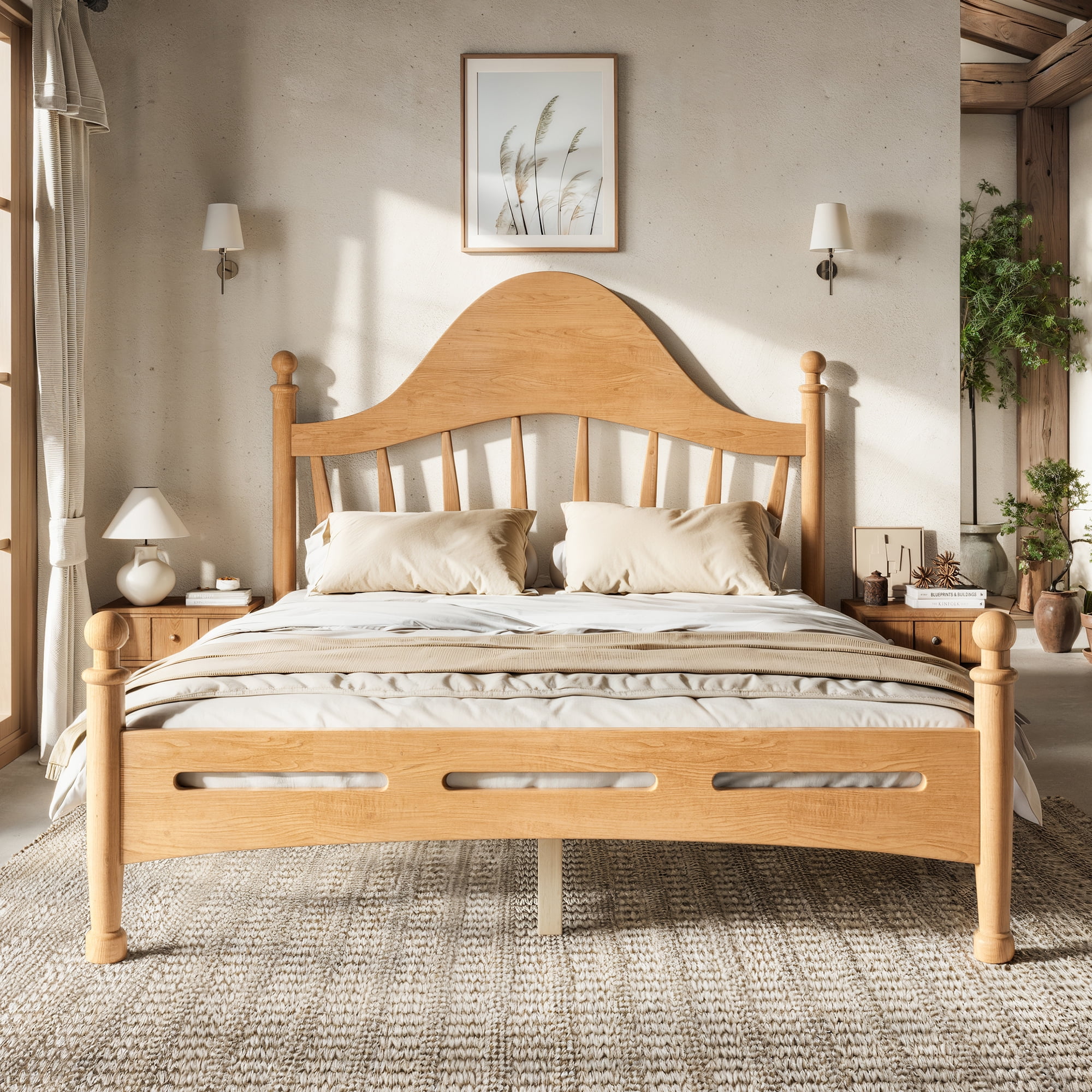 Leumius Full Size Platform Bed with Chic Headboard, Solid Wood Bed Frame with Slatted Support, Low to Ground Design for Bedroom Natural