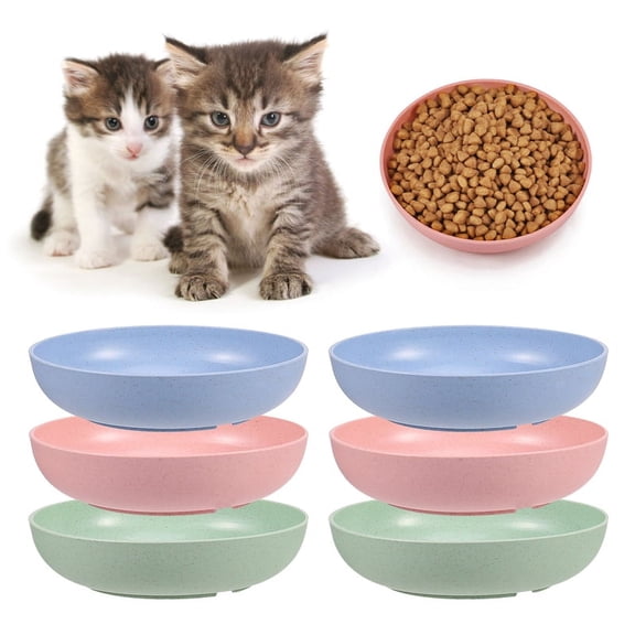 6 Pcs Whisker Friendly Fatigue Cat Bowl,5.6 Inch Shallow Cat Food Dish Wide Cat Wet Feeding Bowls,Wheat Straw Pet Plate for Kittens and Short Legged Cat