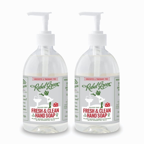 Rebel Green Fresh & Clean Hand Soap - Moisturizing Natural Bathroom & Kitchen Liquid Soap - Gentle Household Hand Wash - Unscented, 12 Fl Oz (Pack of 2)