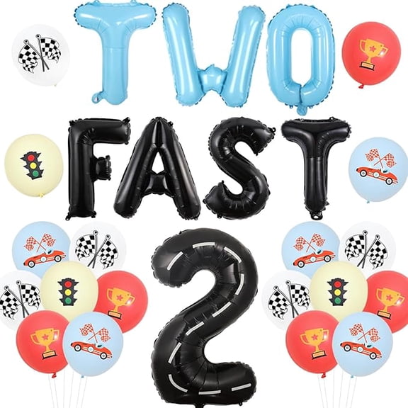 Two Fast Birthday Decorations, Vintage Race Car Birthday Decorations with Two Fast and Number 2 Foil Balloon Race Car Theme Balloons for 2nd Birthday Party Supplies Boys Girls