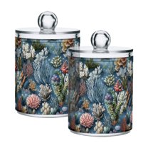 Yayeee 2 Pack Qtip Holder Bathroom Cotton Swab Canister with Lid Clear Dispenser Set, Sea Plants Pattern