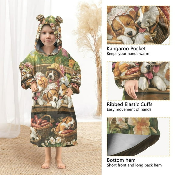 YAZAOO Kids Wearable Blanket Hoodie Warm and Cozy Puppy Playdate in Bloom Flannel Sweatshirt