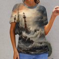 thumbnail image 6 of Lighthouse Sunrise Coast Scenery Pale Blue Tan Women's Short Sleeve Tops Casual Blouses T Shirt, 6 of 6