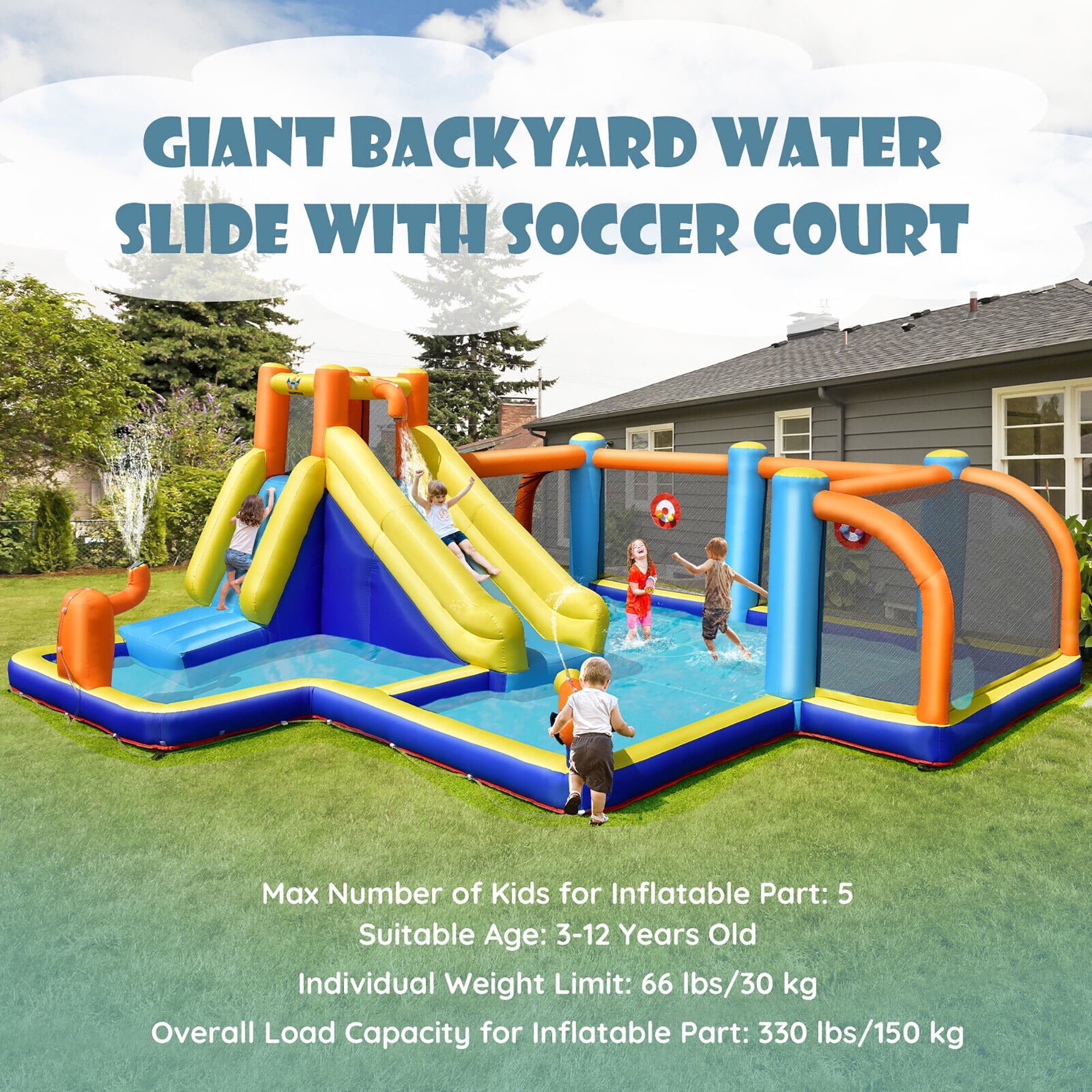 Gymax Giant Soccer-Themed Inflatable Water Slide Bouncer Splash Pool With 680W Blower