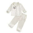 thumbnail image 6 of Byoo Toddler Girl Solid Sleepwear Set Long Sleeve Trim Silk Satin Button Down Shirt Trousers Outfit Comfort Homewear Set,Beige, 6 of 6