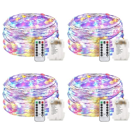 33 Feet 100 Led Fairy Lights Battery Operated with Remote Control Timer Waterproof Silver Wire Twinkle String Lights for Bedroom Indoor Outdoor Wedding Dorm Deco MultiColor 4Pack