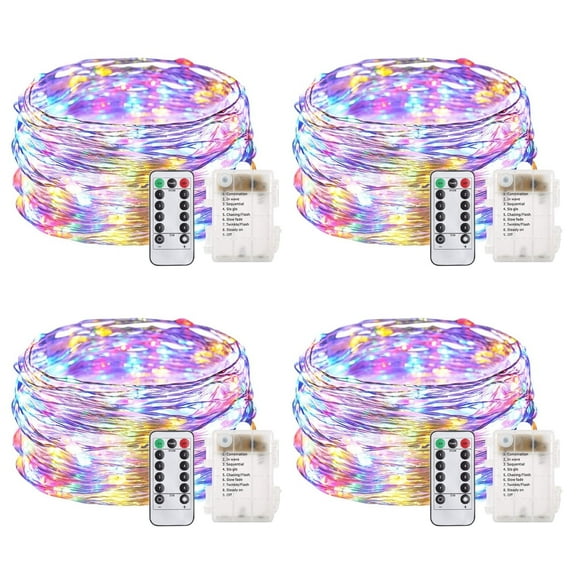 33 Feet 100 Led Fairy Lights Battery Operated with Remote Control Timer Waterproof Silver Wire Twinkle String Lights for Bedroom Indoor Outdoor Wedding Dorm Deco MultiColor 4Pack