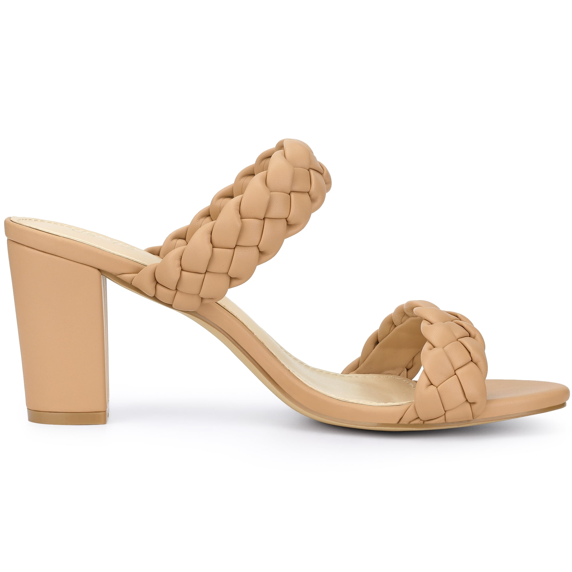 DARING DIVA Women's Braided Heeleds Slip on Chunky Heel Slides Sandals Nude 8.5