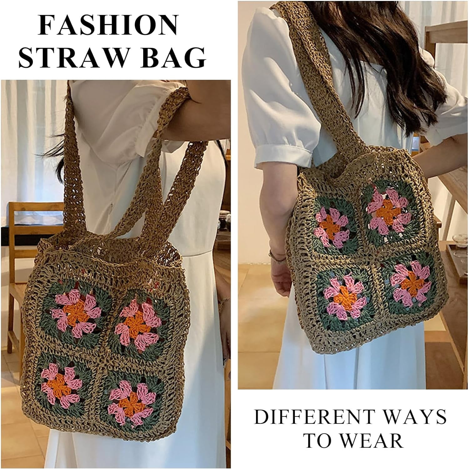 Kukuzhu Crochet Beach Bag, Summer Cute Straw Tote Bags Woven Beach Bag Knit Bags for Women Crochet Purse