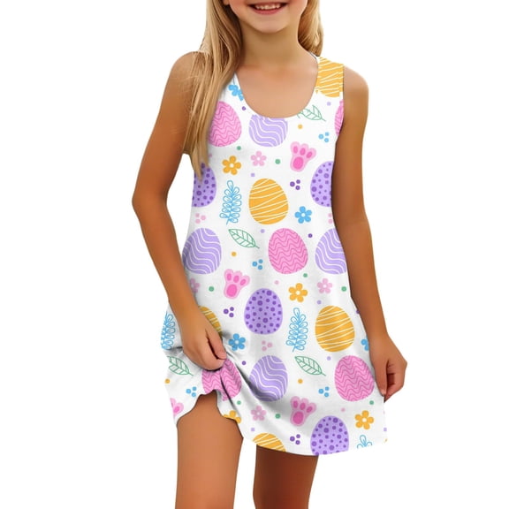 Kiijoy Toddler Girls Easter Eggs Print Tank Dress Summer Casual Sleeveless Dress, Sizes 4-14