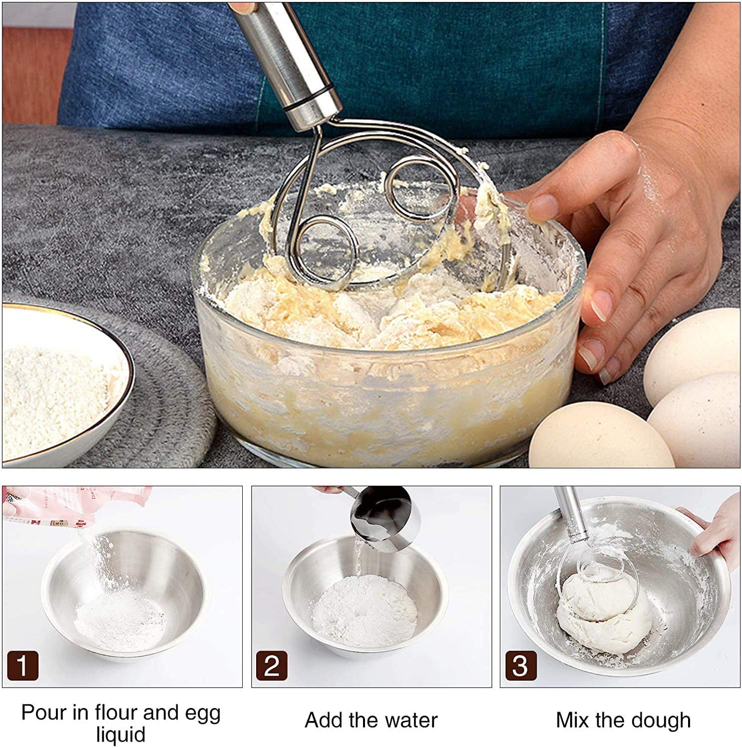 Dough whisk,Stainless Bread Batter Whisk Swedish Dough Whisk Hand Mixer  Perfect for Mixing Bread Cake Pizza Hamburger Batter Dough