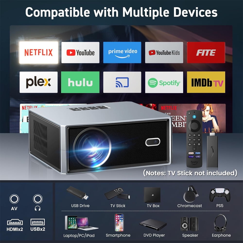 LCD Projector with WiFi and Bluetooth, Native 1080P 4K Support Outdoor Movie Projectors Max 450" Display, Electric Focus Theater Projector for iOS/Android/TV Stick