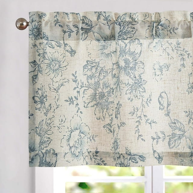 Linen Valance Curtain Farmhouse Blue Floral Window Valance for Bedroom, 16 Inch French Country Flower Small Drapes for Kitchen Light Filtering Window Treatments Rod Pocket 1 Panel
