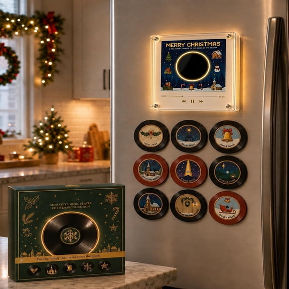 Magnetic Fridge Vinyl Music Box Christmas-Christmas Vinyl Player Fridge Record NFC Magnetic Music Box Set with 9 Vinyl Style Discs, Mini Christmas Vinyl Record Player for Christmas Decor and Gifting