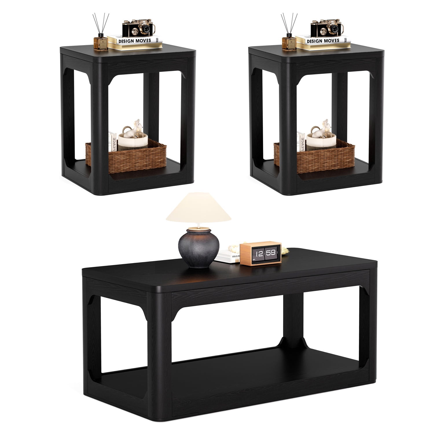 Hommoo Modern 3-Piece Coffee Table Set with Storage, Contemporary Living Room Furniture Set Including Coffee Table + 2 Side Tables, Matte Finish, Easy Assembly, Black