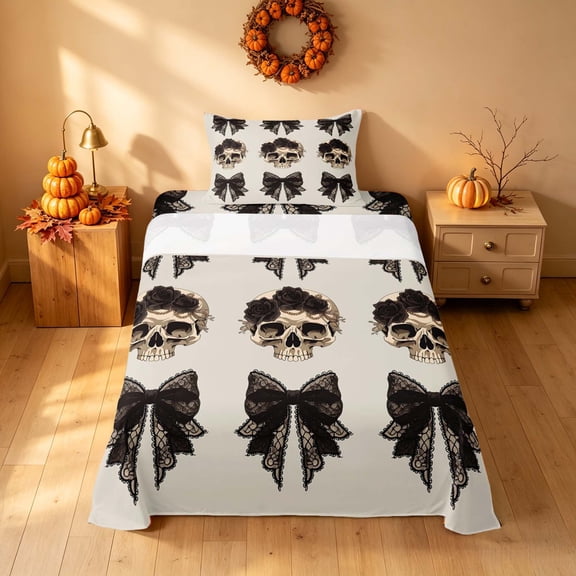 Homewish Halloween Gothic Skull Twin Sheets, Rose Bow Bedding, Beige Black, 3pcs (1 Flat Sheet, 1 Fitted Sheet and 1 Pillowcase)