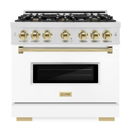 ZLINE Autograph Edition 36 in. 5.2 cu. ft. Classic Gas Range with 6 Burner Cooktop and Convection Gas Oven in DuraSnow Stainless Steel with White Matte Door and Polished Gold Accents (CGRSZ-WM-36-G)