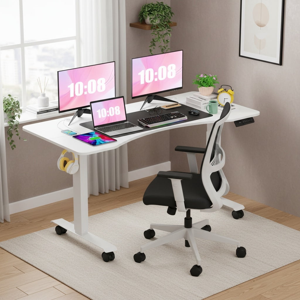 Legooin Electric Stand-up Desk Mobile Worstation Standing Desk Computer Table with Headphone Hook Cable Management, for Home Office, White