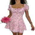 thumbnail image 1 of Women Floral Puff Sleeve Mini Dress Drawstring Ruched Square Neck A Line Summer Short Dress, 1 of 5