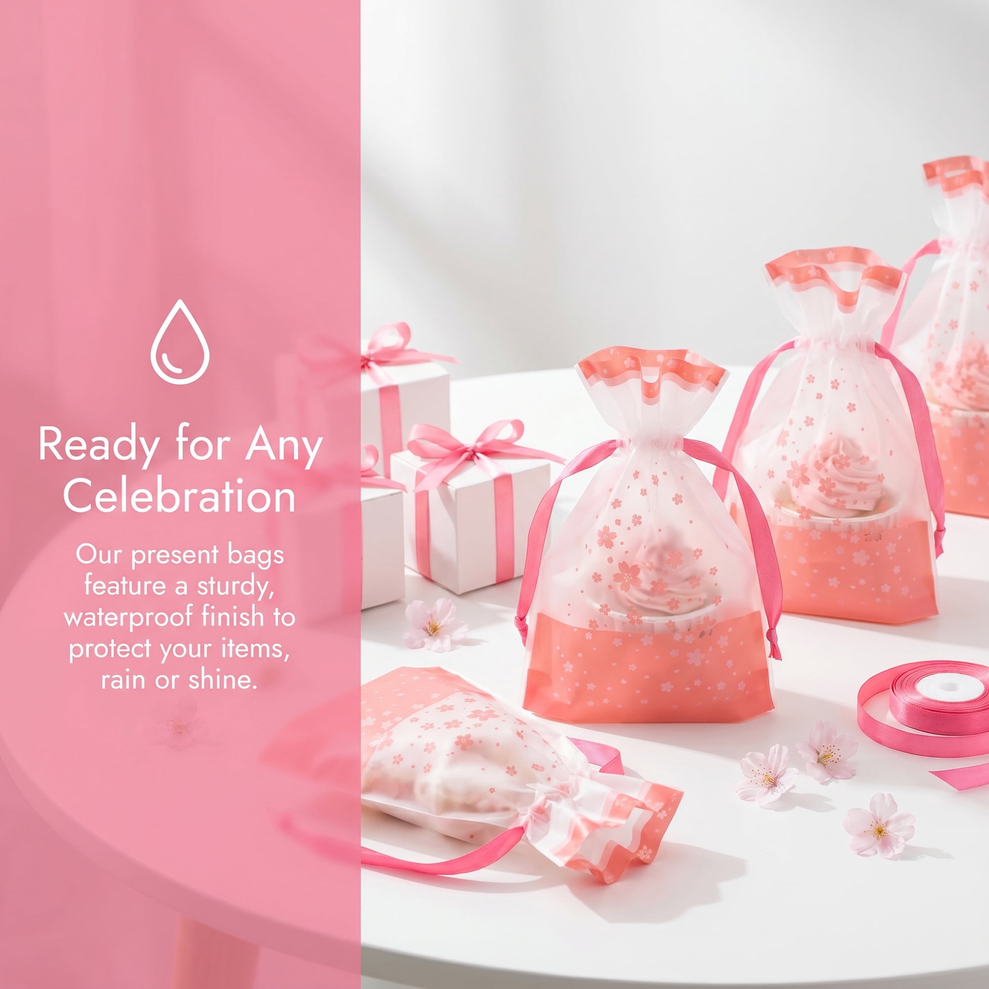 Unique Bargains 10Pcs Waterproof Gift Bags with Handles Pink Cherry Blossoms 4.7" x 6.7"
