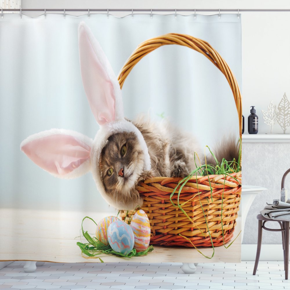 Easter Bunny Shower Curtain, Adorable Fluffy Cat with Pink Rabbit Ears
