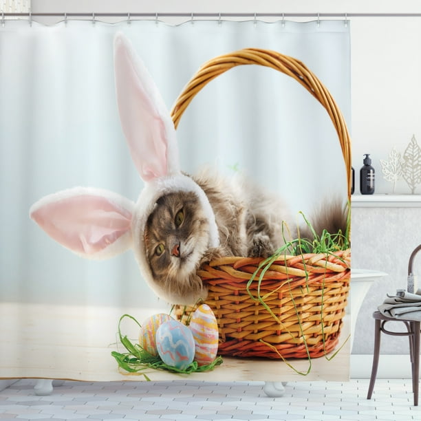 easter bunny shower curtain adorable fluffy cat with pink rabbit ears in easter basket with dyed eggs fabric bathroom set with hooks 69 w x 75 l