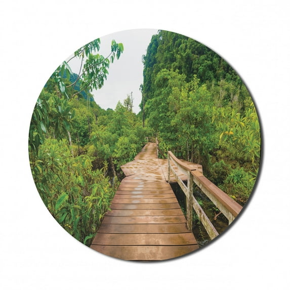 Forest Mouse Pad for Computers, Wood Bridge Around Mangrove Forest Thapom Krabi Thailand Natural Landscape, Round Non-Slip Thick Rubber Modern Mousepad, 8" Round, Pale Brown Green, by Ambesonne
