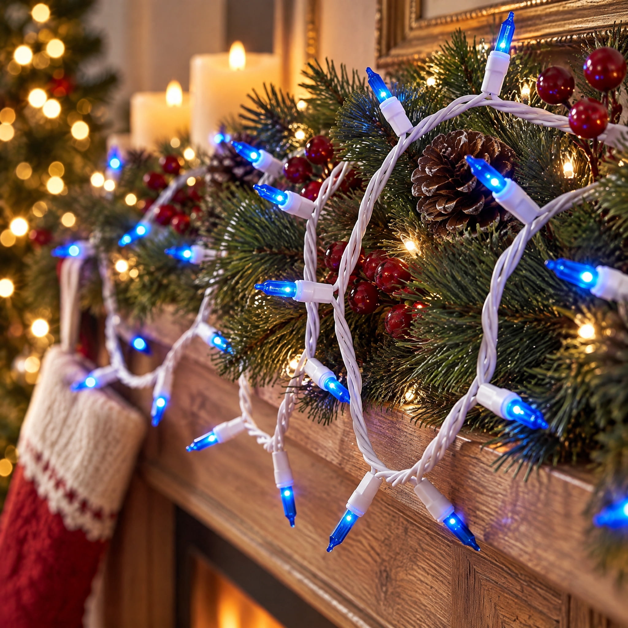 Indoor/Outdoor 300-Count LED Mini Christmas String Lights, Blue, White Wire, 62.3', by Holiday Time