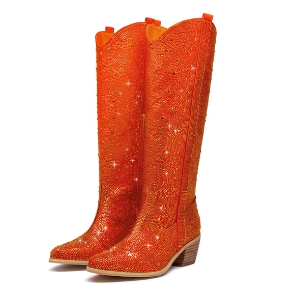 Women's Sparkly Orange Rhinestone Knee High Western Cowboy Boots Pointed Toe Block Heel Zipper Pull-on Tabs Party Dating tall Cowgirl Boots for Girl
