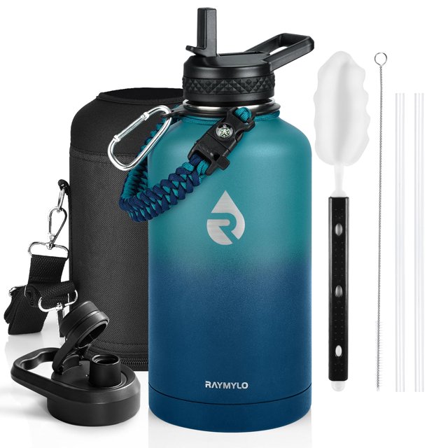 Botella de agua RAYMYLO con aislamiento de acero inoxidable de 1,9 L, azul cian