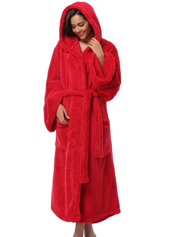 Womens Plain Luxury Hooded Dressing Gown Ladies Coral Fleece Bath Robe Wrap Belt