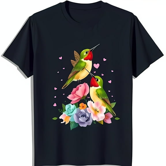 Vibrant Hummingbirds & Colorful Flowers Graphic on Black T-Shirt