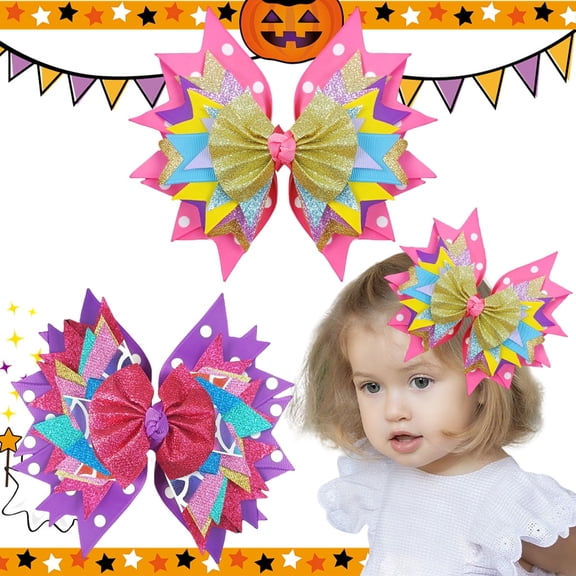 JoyBowie 2pcs 7 Inch Glitter Hair Bows Set for Girls, Multi-Color Ribbon Clips for Kids Cheerleading Party Hairstyles