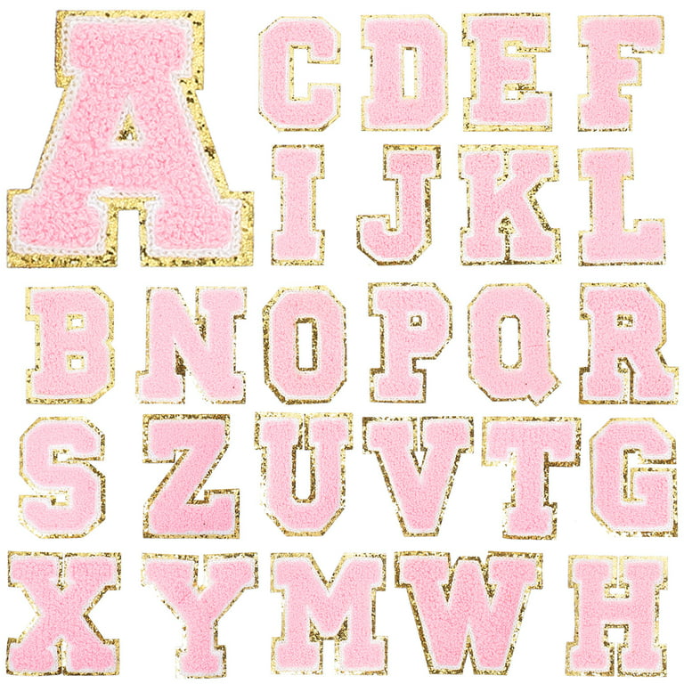 26 Letter Set Chenille Iron On Glitter Varsity Letter Patches - Pink  Chenille Fabric With Gold Glitter Trim - Sew or Iron on - 5.5 cm Tall 