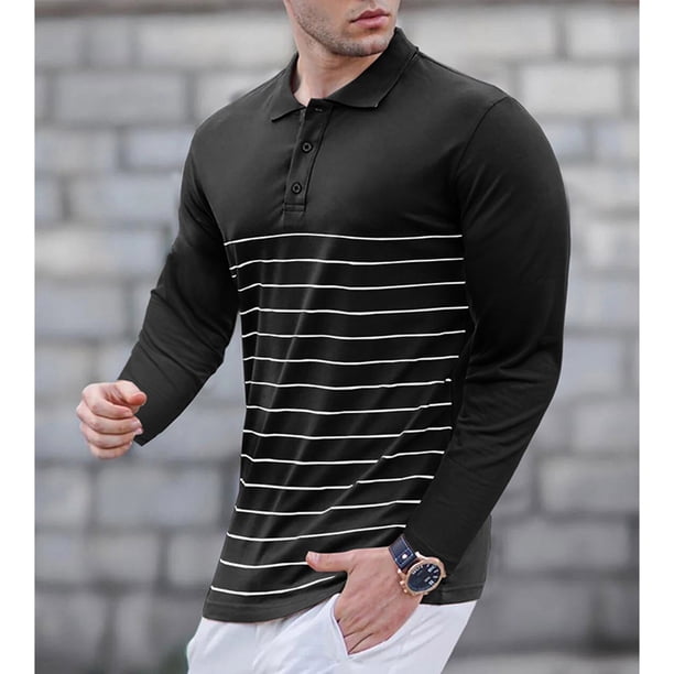 Blusa y camisa de manga larga con cuello vuelto para hombre, informal, con estampado de rayas, de poliéster