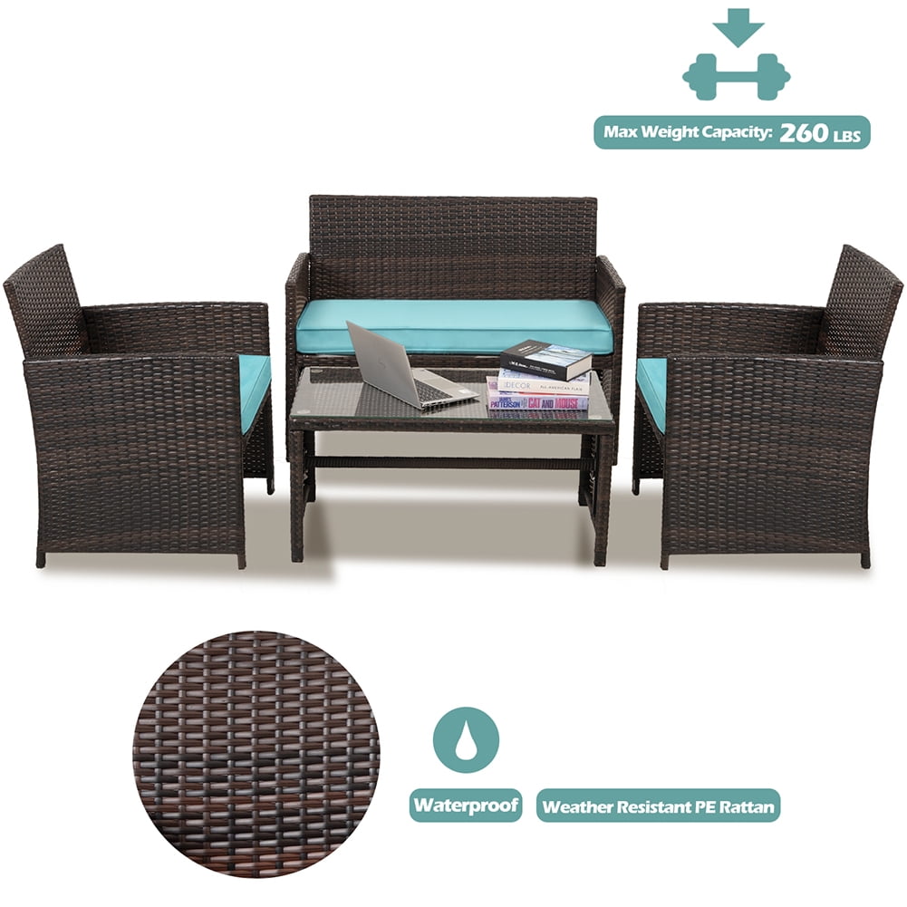 Kadyn 4 Pieces Outdoor Wicker Furniture Sets, Patio Conversation Sets with Soft Cushions Loveseat, 2 Soft Cushions Single Chairs and Coffee Table, PE Rattan Conversation Set for Courtyard, Teal Kadyn 4 Pieces Outdoor Wicker Furniture Sets, Patio Conversation Sets with Soft Cushions Loveseat, 2 Soft Cushions Single Chairs and Coffee Table, PE Rattan Conversation Set for Courtyard, Teal