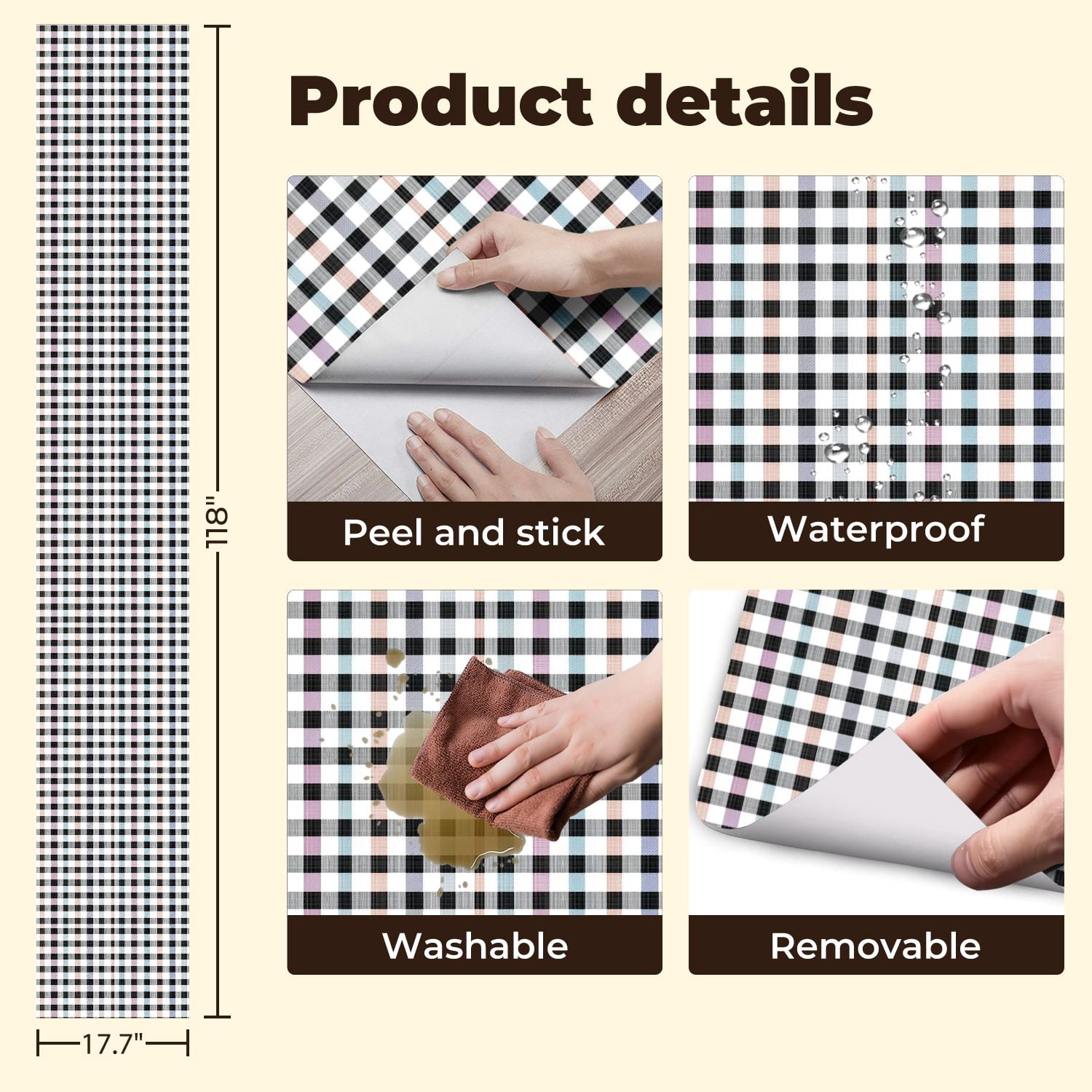 Peel and Stick Wallpaper Plain Black White Grey Gingham Tartan Plaid Wall Mural 17.7in x 9.8ft Self Adhesive Removable Wall Paper Renter Friendly Wallpaper for Bedroom Bathroom
