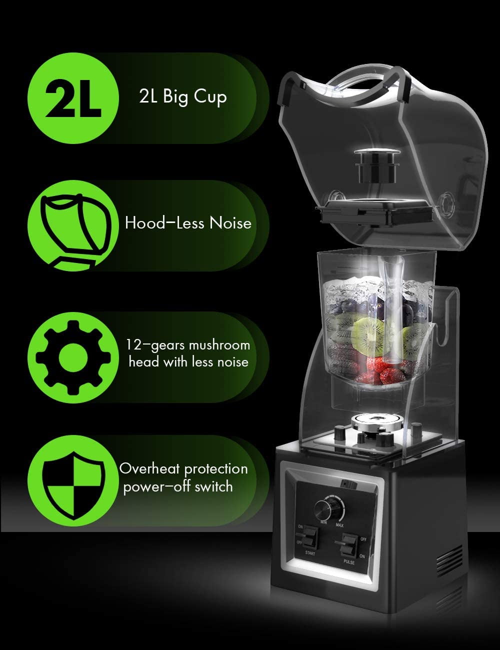 WantJoin Professional Blender, Commercial Quiet blender Soundproof Blender  2200ml with Cover for Crushing Ice,Smoothie,Puree,Blender for Kitchen 1800W  (Grey)
