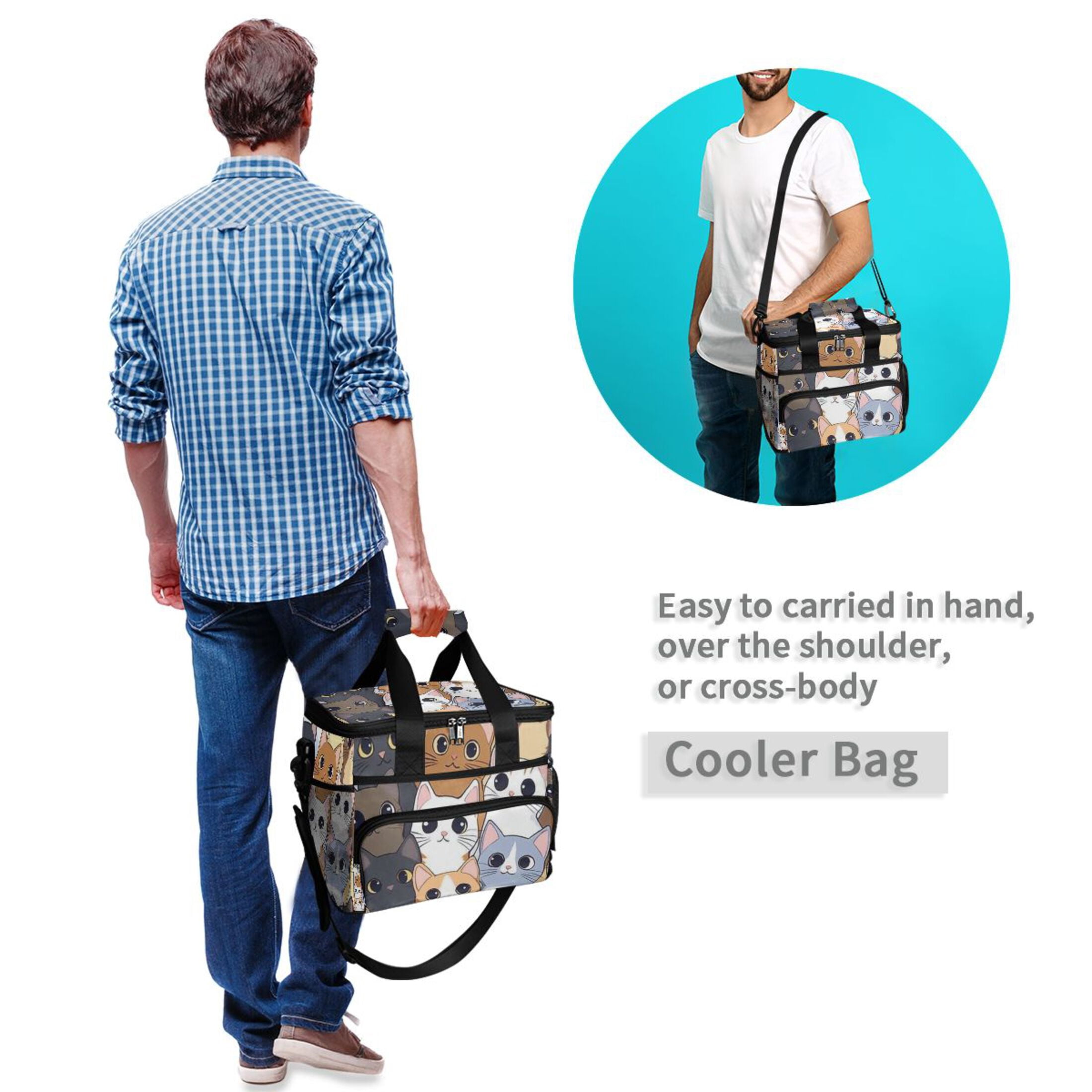 Cute Cat Faces Pattern Insulated Lunch Bag 15L Cooler Box for Women Men Work Camping Beach Travel