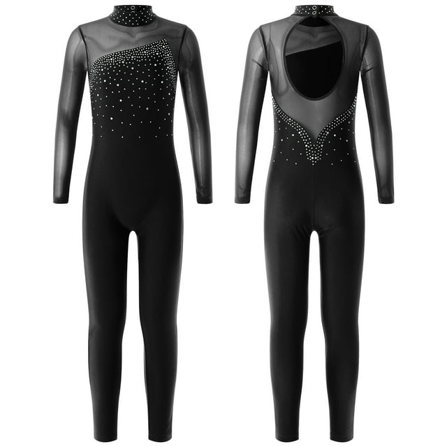 TiaoBug Girls Ice Skating Jumpsuit Rhinestone Mock Neck Competition Figure Skating Dancewear Black 8